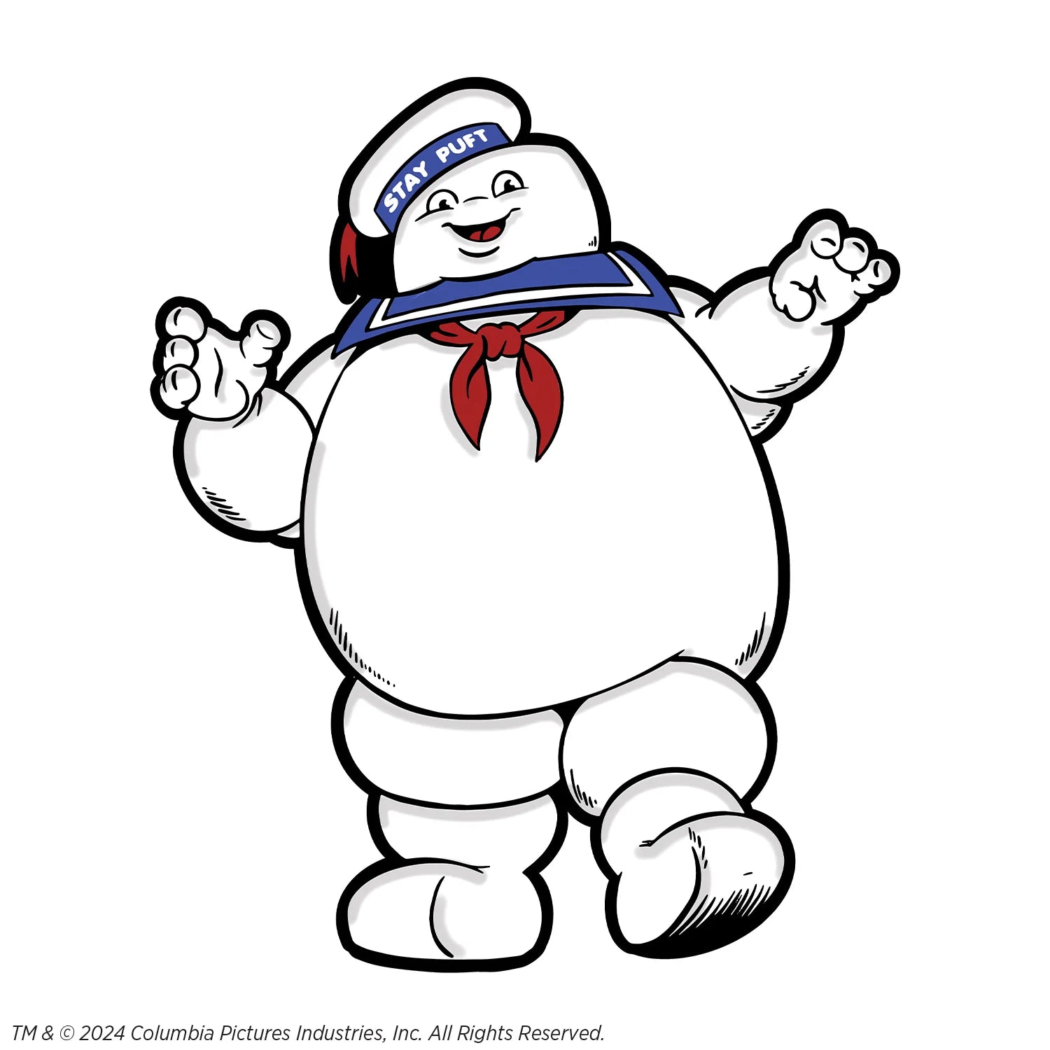 This is a white Stay Puft marshmellow man from Ghostbusters and he has a blue collar and red tie around his neck