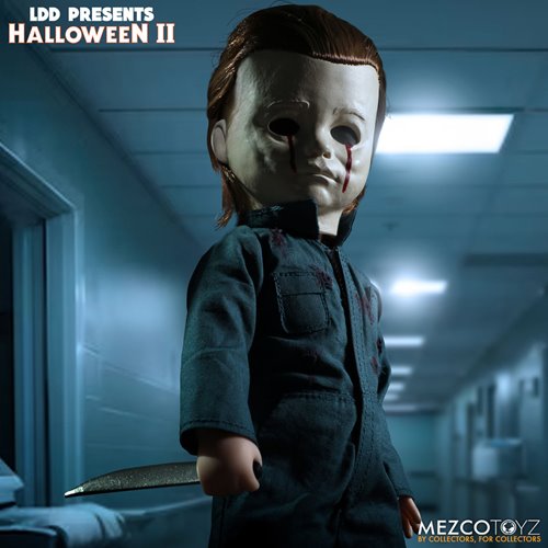 This is a Halloween II Michael Myers Living Dead Doll that is standing in a hospital