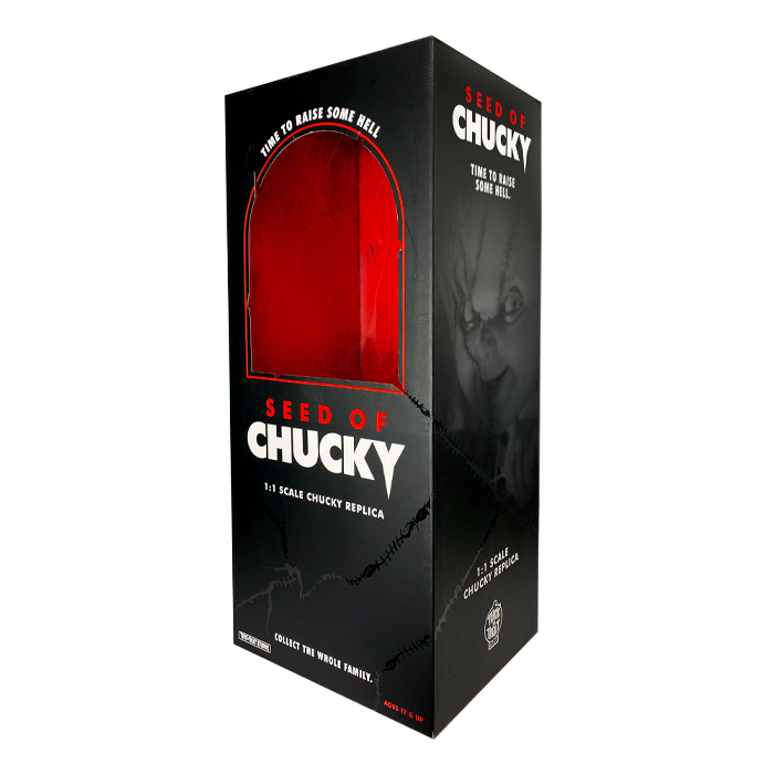 This is a Seed of Chucky life sized doll black box front with red and white letters and a black and white picture of Chucky on the side. 